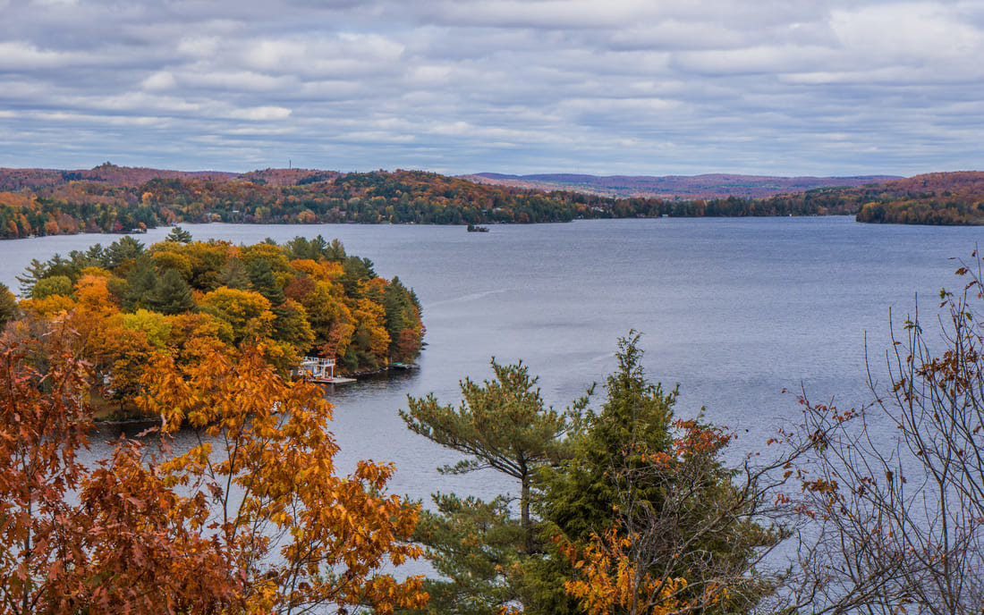 An aerial view of a Muskoka area lake in Ontario