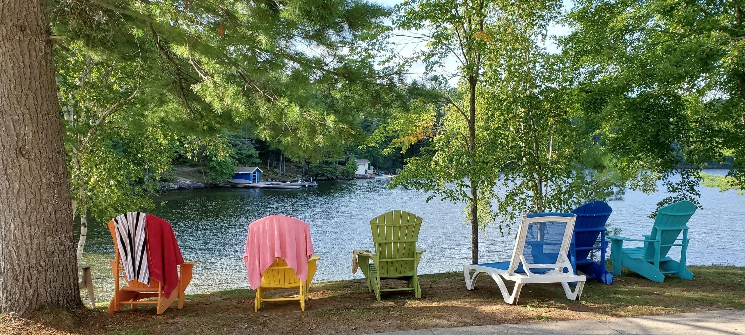 Colourful Muskoka chairs lined up overlooking the lake