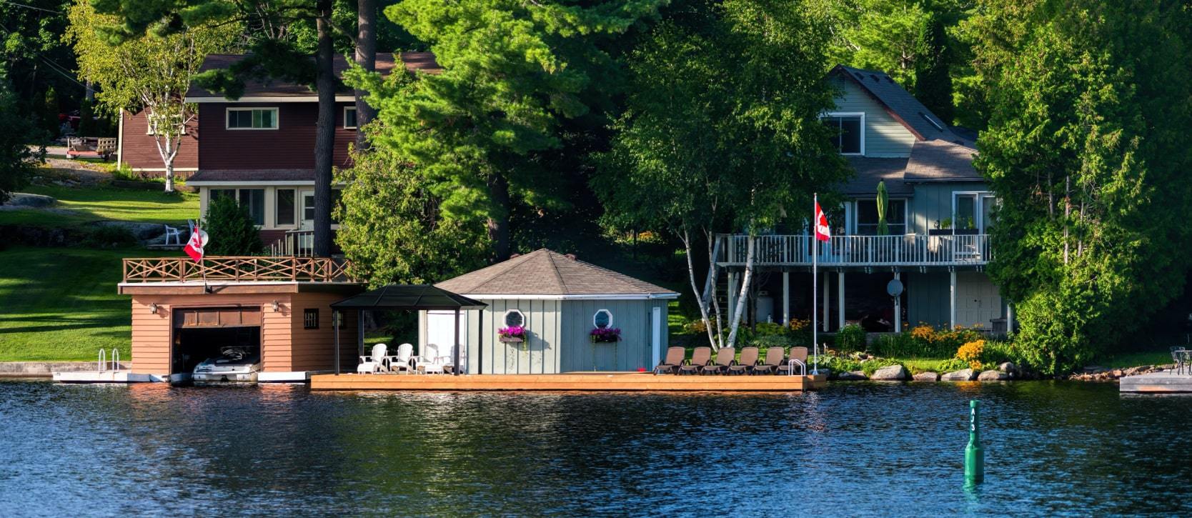 Cottages on a lake in cottage country, Ontario